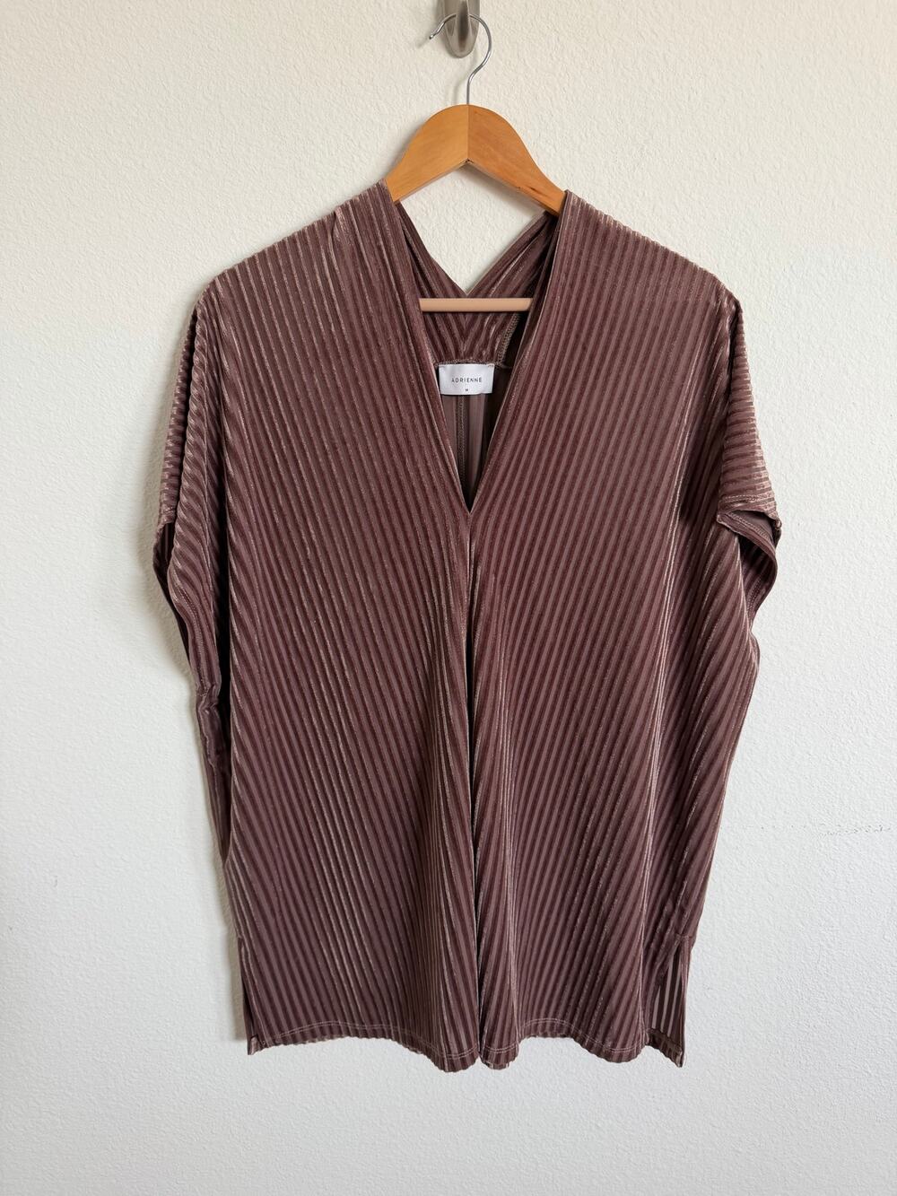 Adrienne women’s Brown Velvet Stripe Blouse size Medium Boutique Top reset wear